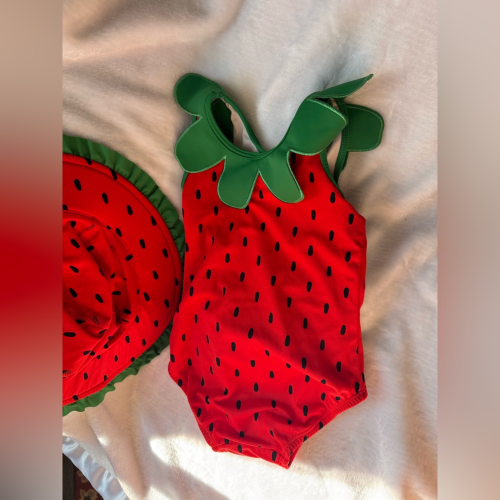 Strawberry Print Toddler Swimsuit with Leaf Collar and Matching hat